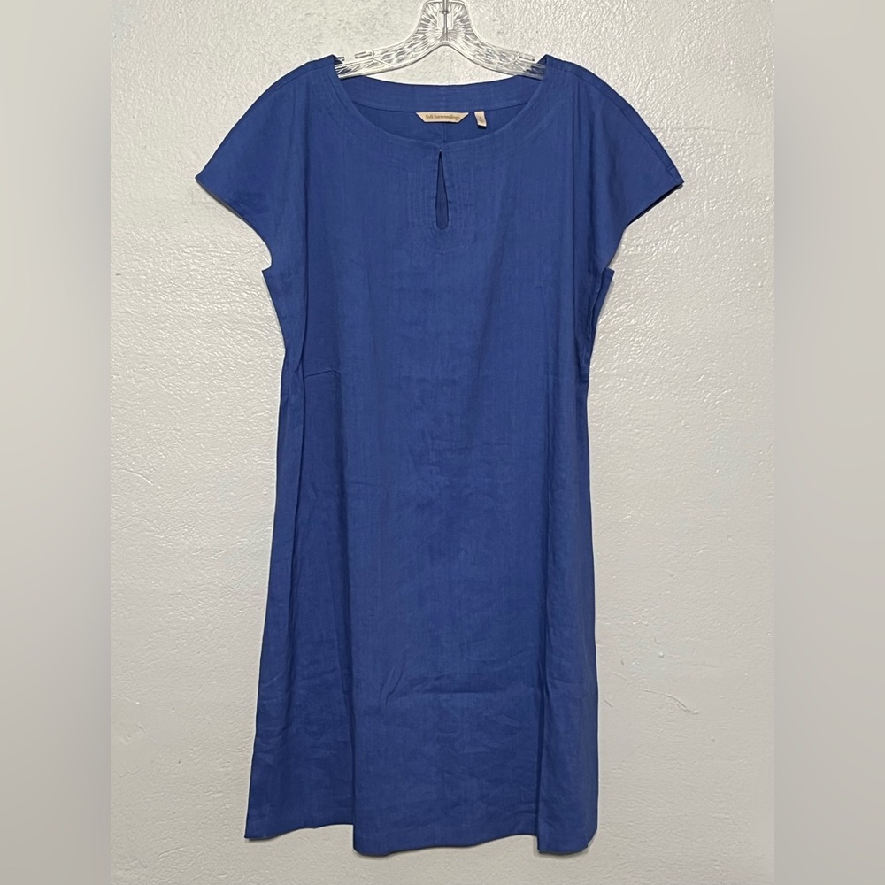 Soft Surroundings Linen Blend Dress Blue Short Sleeve Shift Size Small